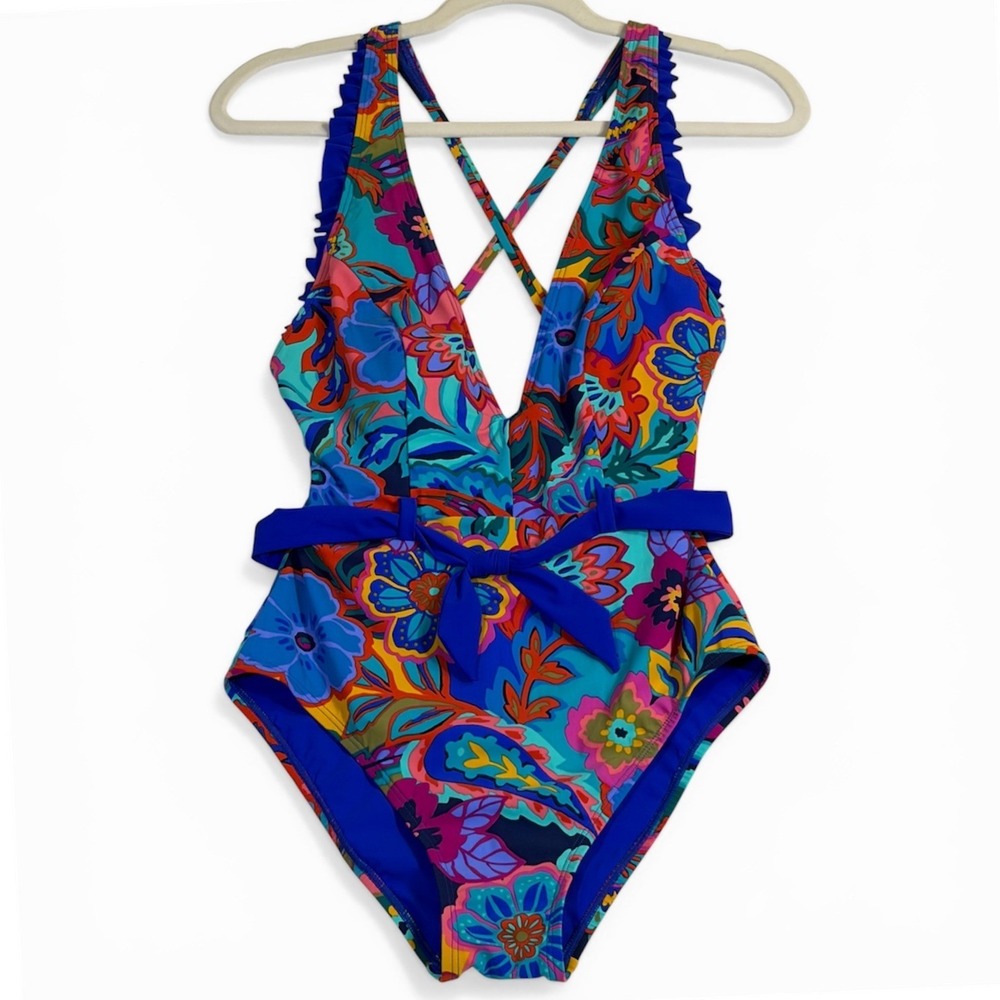 Skinny Dippers Cinch 1PC Swimsuit Medium Floral Paisley Ruffle Blue Women's